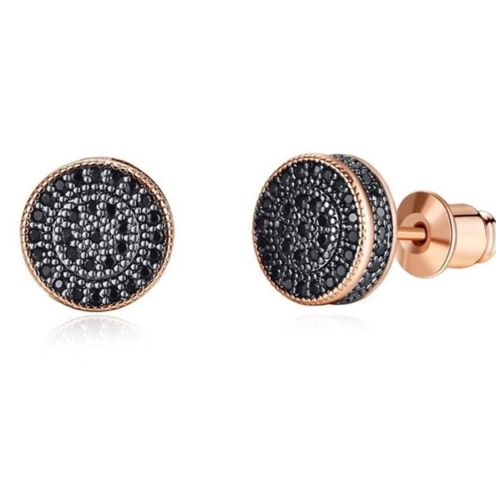 🌑 18K rose gold black round pave stud earrings - Picture 3 of 6